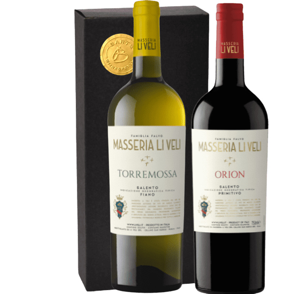 Geschenkdoos 2-flessen Li Veli Fiano Torremossa – Orion Primitivo