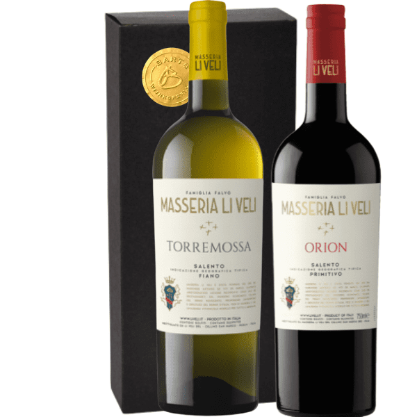 Geschenkdoos 2-flessen Li Veli Fiano Torremossa – Orion Primitivo