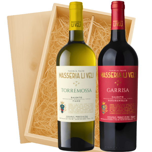 Geschenkkist 2-flessen Li Veli Fiano Torremossa – Garrisa Susumaniello