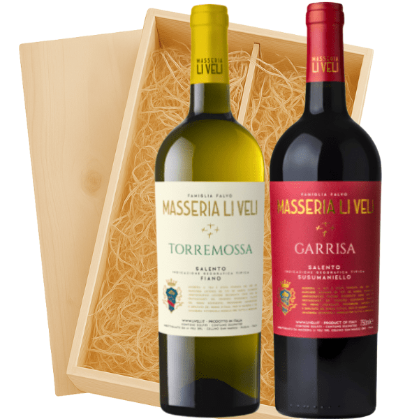 Geschenkkist 2-flessen Li Veli Fiano Torremossa – Garrisa Susumaniello