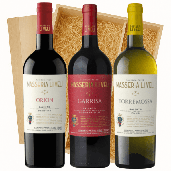 Geschenkkist 3-flessen Li Veli Torremossa – Orion – Garrisa