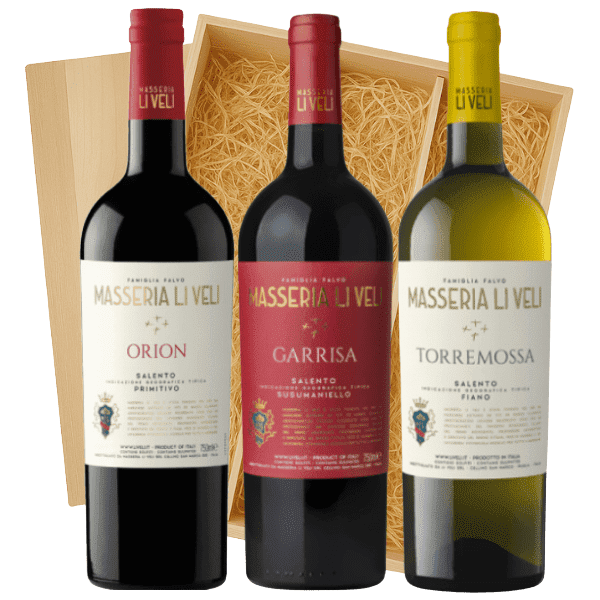 Geschenkkist 3-flessen Li Veli Torremossa – Orion – Garrisa