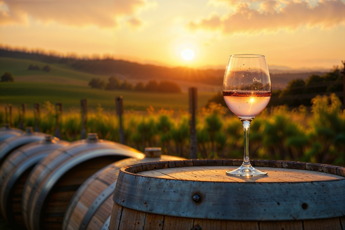 Glas rosé wijn in landschap