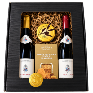 Geschenkverpakking met Perrin Luberon Blanc, Ventoux Rouge en Franse delicatessen